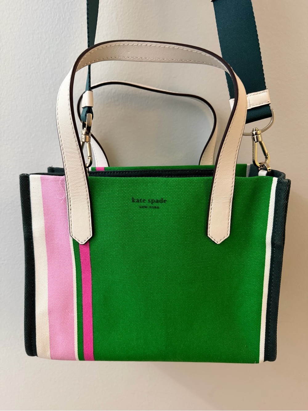 kate spade Green Canvas Crossbody Tote with Pink & Cream Stripes